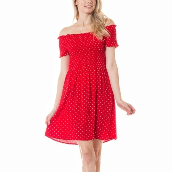 Love Tree - Polka Dot Off Shoulder Mini Dress - Picture 1 of 9